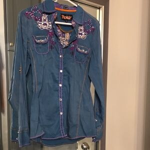 Roar Women's Blue and Purple Embellished Jean Jacket
